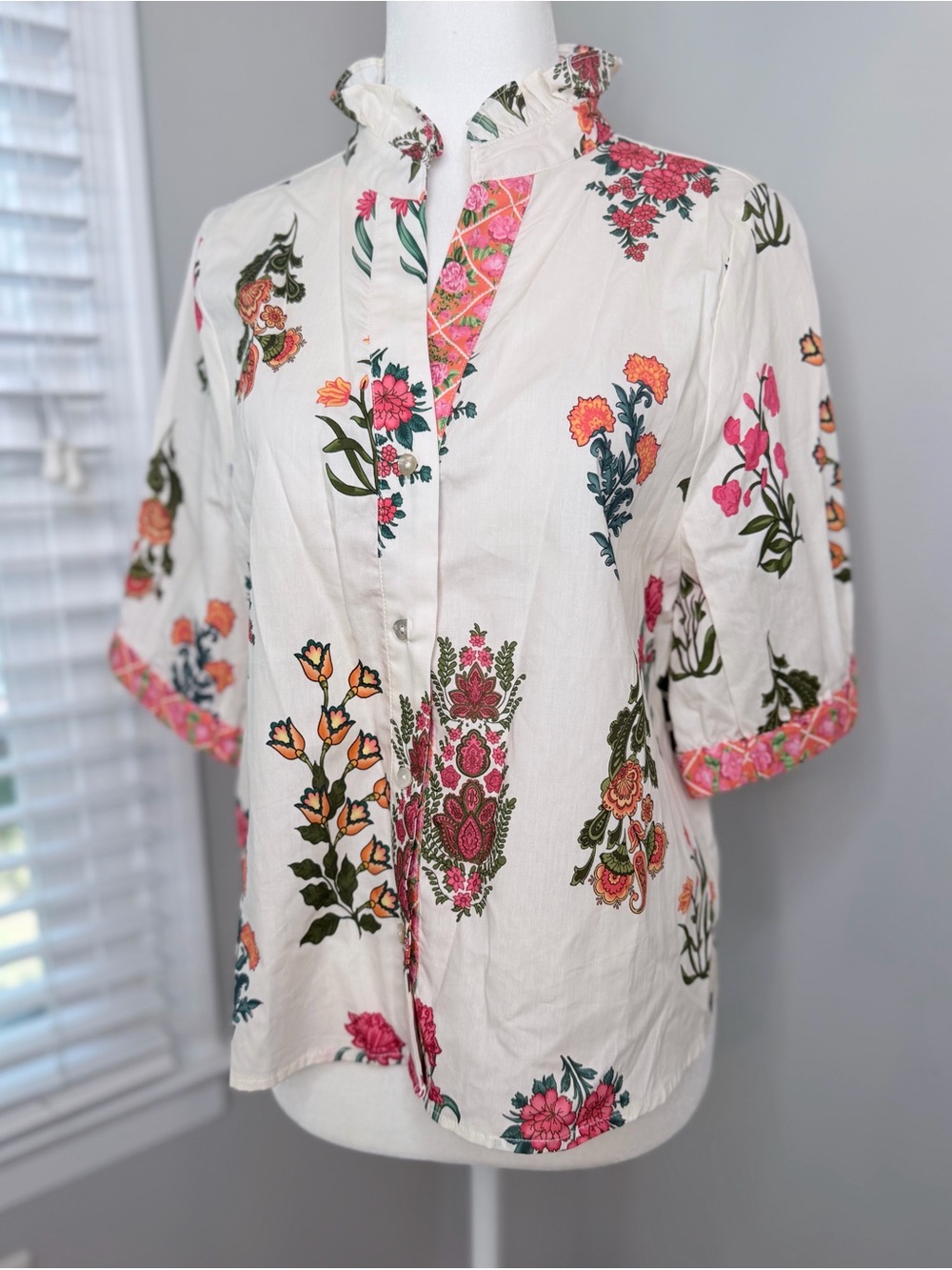 THML White Floral Button-Up Blouse with Pink & Orange Accents